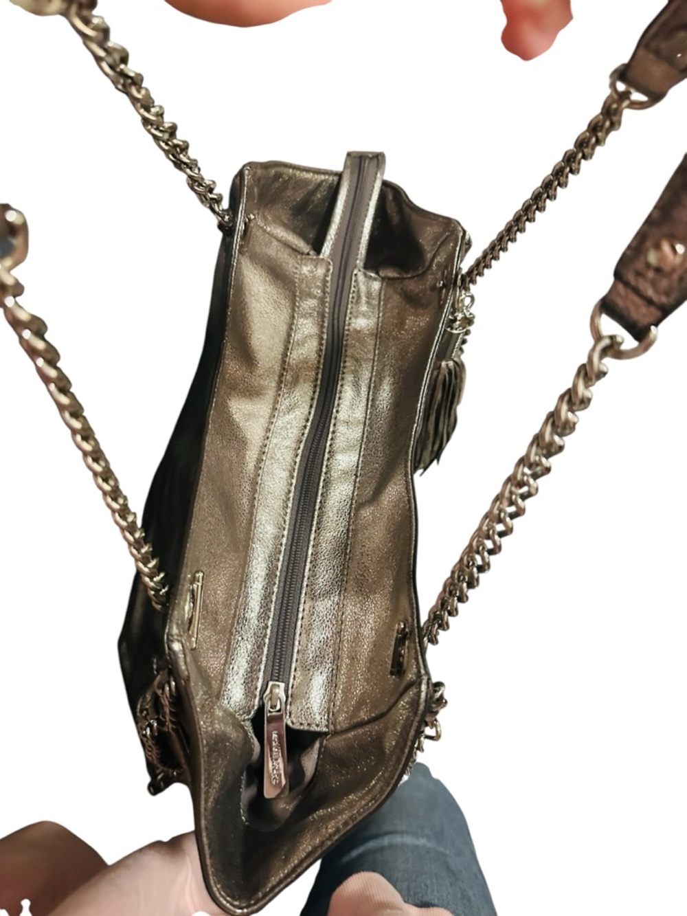 Michael Kors Metallic Silver Leather Shoulder Tote with Tassel - Picture 16 of 17